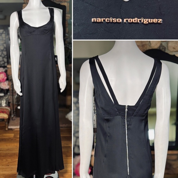 Narciso Rodriguez Black Silk Floor Length 2-layer Evening Gown w/ Train, Sz 2 - Picture 1 of 14